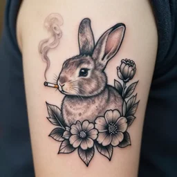 well - detailed tattoo stencil of a floral rabbit smoking a cigarette