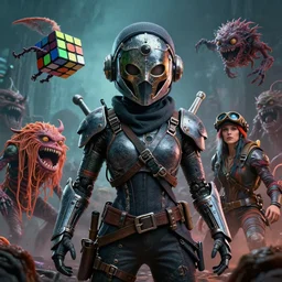 by oka yasutomo and anna dittmann, visually stunning, cinematic, ultra realistic, hyper realism, 1 2 k, epic, octane render, unreal engine, vfx, maya, rubik's cube is a 3 / 3 creature with flying and first strike, lovecraftian mechanized funny crazy monsters, epic mask helmet robot ninja portrait, portrait of female space pirate, spaghetti monster