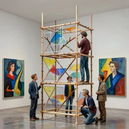 handmade scaffolding sculpture with branches and twigs, plexiglas material in a painting made by yves tanguy, sculpted by david smith, painting by kay sage, by nate boyce, digital sculpture, by tyler edlin and jean delville, by john berkey and filip hodas, highly detailed, soft lighting, rendered in octane, oil on canvas, cinematic lighting, vibrant