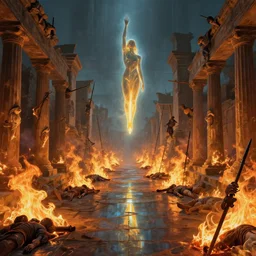 burning ancient city streets with bodies impaled on stakes by greg rutkowski craig mullins ross tran mucha levitating lumen reflections matte painting fantasy specular lighting trending on artstation