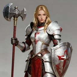 gorgeous female Paladin, beautiful face, mace and shield, dark golden hair, White and red armor, crusade, trending on Artstation artstationHD, artstationHQ, cgsociety, extremely detailed, low fantasy, matte painting, important: No extra limbs