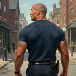 back view of dwayne johnson as investigiator walking down street in arkham town, male, detailed face, gorgeous, amazing, new england architecture, 1920 style, intricate, highly detailed, musculine, lovecraft illustration, painting by Gaston Bussiere, Craig Mullins