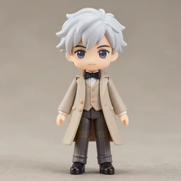 nendoroid gentleman in beige suit, aziraphale from good omens, good omens tv series, white curly short hair, beige suit, tartan pants, long coat, bow tie, full body, michael sheen