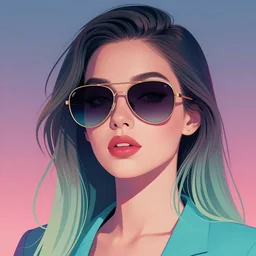 portrait art of an beautiful muted vaporwave ombre stylish retrofuturistic woman wearing oversized aviator sunglasses atmosphere, glow, shaded, full of colour, cinematic lighting, trending on artstation, 4 k, focused, vector, by patrick nagel, bold clean lines