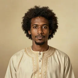 east african man, curly hair, muslim man, somali attire, vintage, symmetrical, nostalgic, peaceful, digital painting, intricate details, sharp focus