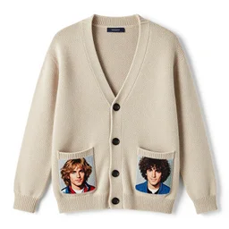 a knitted cardigan with portraits of members of the band abba on the pockets