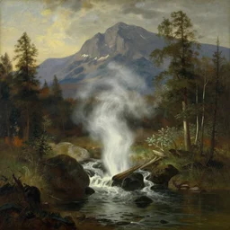 violent natural spring in the mountains, idyll, wild nature, hudson river school painting, naturalism