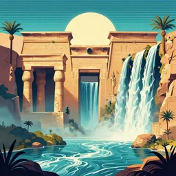 ancient egyptian structures and waterfalls, epic retrowave art, trending on deviant art