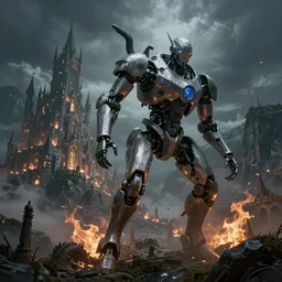 mech robot futuristic, ( beautiful secret city of the elves gondolin on top of a mountain, magical gloomy mystical ), under attack. by konstantin razumov, fractal flame, chiaroscuro, highly detailded,
