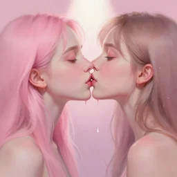 portrait of two beautiful girls kissing, intimate, pastel shades of pink, beautiful face, rule of thirds, spotlight, drips of paint, by greg rutkowski, digital painting