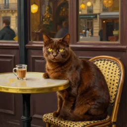 brown cat with yellow eyes is sitting at table in a cafe at paris in early 2 0 th century. atmospheric feeling, warm colours, brown colours, yellow colours, epic scene, cinematic, very detailed, oil painting