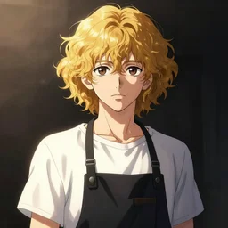 portrait of a feminine boy with curly shoulder length dirty blond hair, wearing a white t shirt and black work apron, dramatic lighting, anime illustration by Greg rutkowski, yoji shinkawa, 4k, digital art, concept art, trending on artstation, アニメ, featured on pixiv