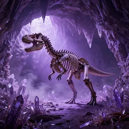 full shot of a cave covered in shiny crystals with a dinosaur skeleton on the floor, detailed, unreal engine 4k volumetric light, fog, purple color palette