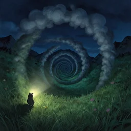 nightly, spiral, naive nerikomi, weird perspective, extra narrow, detailed illustration, lit by flashlight, scenic spiral environment by rhads from lorax movie, trending artstation, fisheye, grass field night mountainous terrain, spiral smoky clouds