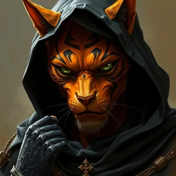 an orange skin khajiit!!, thief, black cloak and hood, concept character by jason edmiston and ilya repin