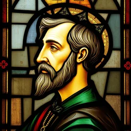 side - view portrait of gaunter o'dimm, 1 0 th century stained glass window, very masterful