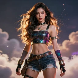 a beautiful female goddess of rap character, character is in all its glory, character is in her natural relaxed pose, rim lights, particles and dust in the air, fancy clouds, highly detailed professional photo, dynamic lights, particles are flying, depth of field, trending on artstation, illustration, hyper realistic, vray caustics, super detailed, colorful accents, cinematic shot