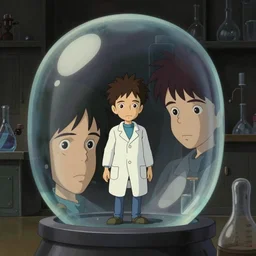 a very dull interior shot still from ponyo ( 2 0 0 8 ) of an old nerdy skinny scientist in a cubic bubble alone in his lab. close up on the faces, perfect art, grimdark, trending on pixiv fanbox, painted by studio ghibli