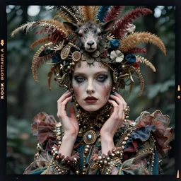 kodak portra 4 0 0, wetplate, photo of a surreal artsy dream scene,, weird fashion, in the nature, highly detailed face, very beautiful model, portrait, with hands, close up, extravagant dress, carneval, animal, wtf, photographed by paolo roversi style and julia hetta