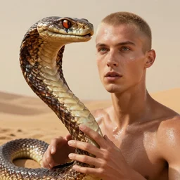 epic masterpiece desert cobra, sweaty skin, hyperrealistic, octane render, cinematic, beautiful face and flawless skin, perfect hands, 5 fingers, by Edgar Maxence and Ross Tran and Michael Whelan, Legends of Runeterra