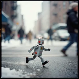 kodak portra 4 0 0, wetplate, muted colours portrait by saul leiter of a tiny photoreal tin toy robot running fast trough a busy new york snowy street, motion blur, tiny gaussian blur, insanely detailed, insanely intricate, insanely beautiful, depth of field, winter, wide aperture, color photography
