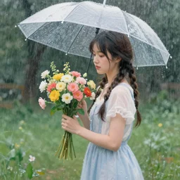 a girl holding flowers!!!!!!! in the pouring rain!!!!!!!!!, by pierre - auguste renoir