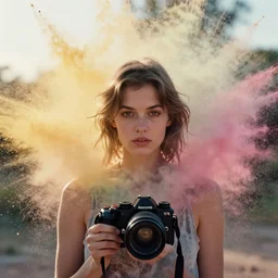 portrait photography of a beautiful woman surrounded by colored powder explosions by maxim nikolaev and irving penn. vogue. kodak portra. ( depth of field ). golden hour. detailed. hq. realistic. muted colors. filmic. lens flare. mamiya 7 ii, f / 1. 2, symmetrical balance, in - frame