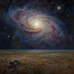 amazing vast scenery, human figure in the distance for scale, surrealist landscape painting, galactic nebula 8 0 s atheistic