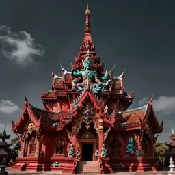 a beautiful ancient godly temple of psychedelic entities, Wat Rong Khun, red and teal color scheme, detailed and realistic, by dan mumford