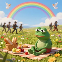 resolution 4k hyper realistic film reel of pepe the frog red dead redemption 2 wandering army of pepe the frog a field of flowers a sunny day wholesome soft and warm picnic of breads and fruit sitting on a blanket pepe the frog. the sky is blue and filled with gods love the third rike will rise again hail pepe , rainbows of sweet angels art in the style of Tony DiTerlizzi , and Akihito Tsukushi