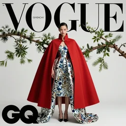 An film still of a girl wearing red cape in porcelain and metal and lush branch featured in Vogue and GQ editorial fashion photography, color splash, tilted 35° frame, beautiful eye, symmetry face, Long shot wide shot full shot, haute couture dressed by Givenchy and Salvatore Ferragamo, Canon EF 85mm f/1.4L IS USM