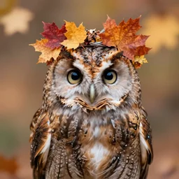 an owl wearing an autumn themed crown on its head, leaves, bokeh