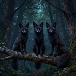 three black foxes sitting on a branch in a dense forest at night, low angle shot, detailed illustration, hd, overdetailed art, by greg rutkowski, trending on ArtStation, concept art, cgsociety, octane render, trending on artstation, artstationHD, artstationHQ, unreal engine, 8k