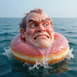 a massive jelly sculpture of a squashed funny and disturbing human face on a jelly donut floating on the ocean water, in the style of johnson tsang, cinematic, hyper - realistic, very detailed, realistic jelly splashes, ray tracing, 8 k resolution, long - shot, sharp focus, low angle, 8 5 mm photograph, wide lens