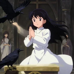 anime visual, portrait of a young fantasy priestess performing a ritual at an altar in front of a crow, very low light, cute face by ilya kuvshinov, yoh yoshinari, makoto shinkai, dynamic pose, dynamic perspective, anime cel, anime still image, flat cel shading mucha, rounded eyes, crisp smooth clean lines, dramatic