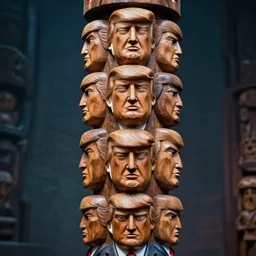 wooden totem pole, donald trump's many moods, faces stacked vertically, finely carved detail, painted accents, dystopian background, dramatic lighting