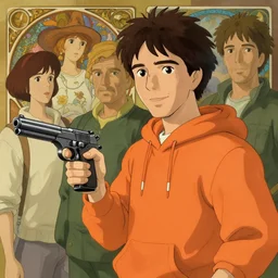 justin trudeau as castro, orange hoody, holding a pistol, natural lighting, path traced, highly detailed, high quality, cartoon, digital painting, by don bluth and ross tran and studio ghibli and alphonse mucha