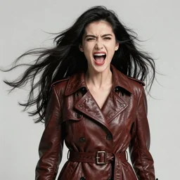 portrait of a long black haired woman angrily screaming, hair blowing in wind, leather trench coat, intricate, elegant, highly detailed, digital painting, artstation, concept art, smooth, sharp focus, illustration, art by artgerm and greg rutkowski and alphonse mucha, 8 k