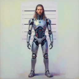 a full body illustration of an male cyberpunk character wearing bionic implants, criminal mugshot, long hair, bearded, highly detailed, oil on canvas, soft lighting, neon pastel colors, by WLOP and Greg Staples, HD, 4K