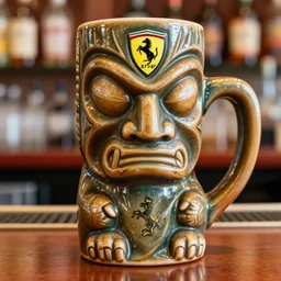 a closeup photorealistic photograph of a ferrari themed tiki mug at at a trader vic's bar featuring the face of young enzo ferrari. the mug handle is emblem themed. tiki theme. bright scene. fine detail. this 4 k hd image is trending on artstation, featured on behance, well - rendered, extra crisp, features intricate detail, epic composition and the style of unreal engine.