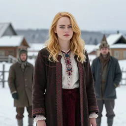 emma stone wearing valenki in russian village, winter, painted by ron arad and steve argyle, blonde hair, cinematic