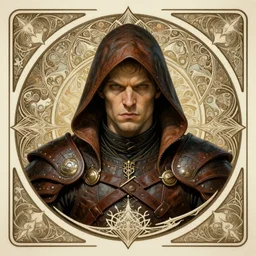 head-on symmetrical centered painted portrait, D&D male orc rogue, leather armour, art nouveau, fractal tarot card style, masterpiece, fantasy, intricate, elegant, highly detailed, smooth, sharp focus, illustration, artstation, in the style of Artgerm and Anna Podedworna and Alex Ross and Mucha