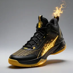 glowing black basketball sneaker, wth short golden lines, yellow details, symmetrical, highly detailed, digital art, sharp focus, trending on art station, samurai, electricity superpowers, anime art style