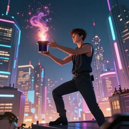 an hd art of man performing magic in future colourful glowing city, highly detailed