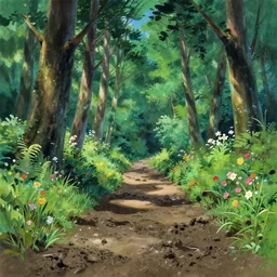 deep muddy forest on a sunny day walkway panorama, blooming, very traditional gouache painting by makoto shinkai disney pixar