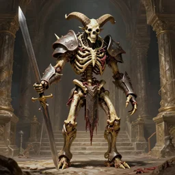 A spiked horned semiork-semihuman skeleton with armored joints stands in a large cavernous throne room with a big broadsword in hand. Massive shoulderplates. Extremely high details, realistic, fantasy art, solo, masterpiece, bones, ripped flesh, saturated colors, art by Zdzisław Beksiński, Dariusz Zawadzki