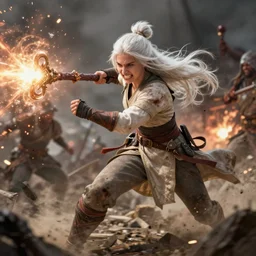 dragon age character wynne of the fereldan circle, white long hair in bun, gritting teeth, holding magical staff, shooting magic, middle of battle, battle damage, fighting, full body, epic, d and d, cinematic, dynamic lighting, concept art, rich color, bioware, by greg rutkowski