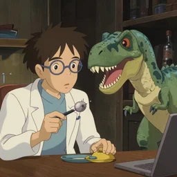a very dull interior shot still from ponyo ( 2 0 0 8 ) of an old nerdy skinny scientist being attacked by a velociraptor. close up on the faces, perfect art, grimdark, trending on pixiv fanbox.