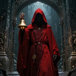 mindblowing, amazing, ominous, red hooded mage holding a golden bell by the gate to the 7 th realm