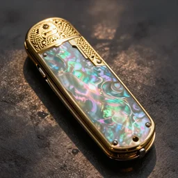mother of pearl intricate reflection pocket knife gold inlay realistic